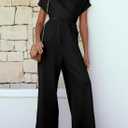 Happy Sailed Women Jumpsuits Dressy Short Sleeve Front Crisscross Tie Waist Belted Wide Leg Pant Romper with Pockets (Black, L)
