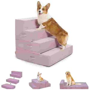 Multi-Function Pet Steps for Small & Medium Dogs, Extra-Wide (28") for Stability, Adjustable Heights for High Beds & Sofas, High-Density Foam, DIY into Various Dog Bed Sizes, 4 Steps, Warm Pink.