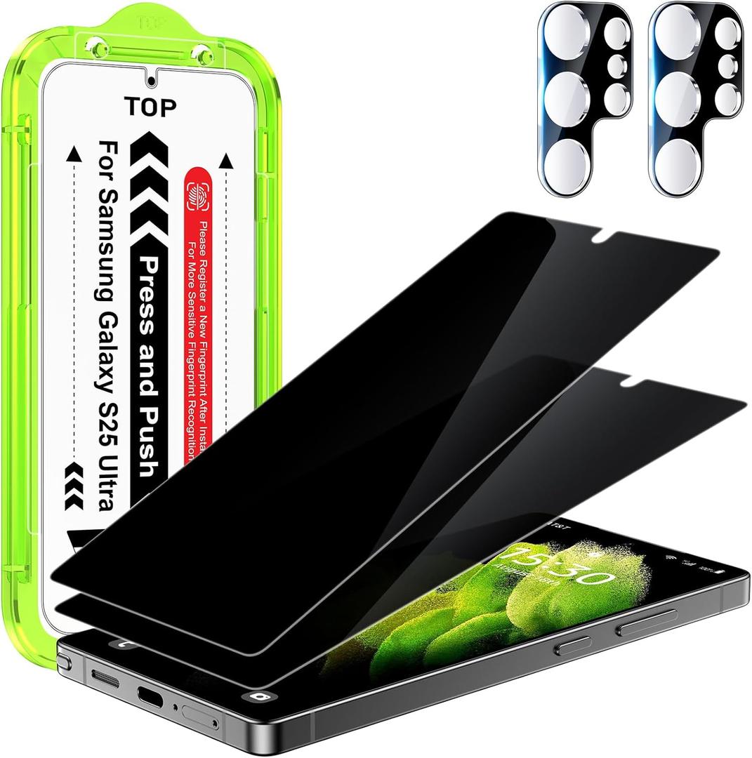 Esanik [2+2 Pack Privacy Screen Protector for Samsung Galaxy S25 Ultra 6.9'' Anti Spy PET Film(NOT Glass) with Easy Installation Frame + Camera Lens Protector Fingerprint ID Compatible