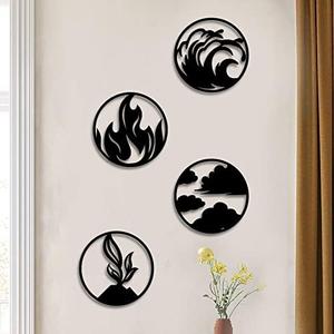 ORIGACH 4 Pieces Large Four Elements Minimalist Wood Wall Art, Wind, Water, Earth, Fire Vector Sign 4 Elements Symbols Wall Decor Black Wood Wall Decor Minimalist Decor, 11.8 Inches
