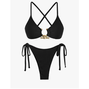 ZAFUL Women's Sexy Cutout Bikini Set High Cut Textured Metal Ring Cheeky Swimsuit Two Piece Bathing Suit, L
