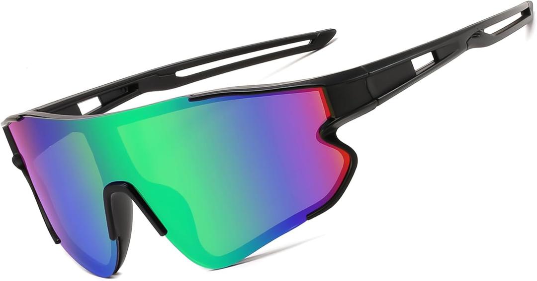 FEISEDY Sports Sunglasses for Men Women Running Sunglasses Fishing Cycling Baseball Glasses UV400 Protection B0270 (Large, Black Frame Green Mirrored Lens)