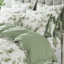 FADFAY 7 Piece 100% Cotton Green Floral Bedding Set Full Size Bed Sheet Set +Duvet Cover, Soft Green Flower Complete Bedding(1 Duvet Cover + 2 Pillowcase)