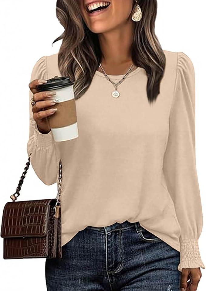 Blouses for Women Casual Puff Long Sleeve Shirts Fall Crew Neck Knit Textured Tunic Tops with Smocked Cuffs Beige XL