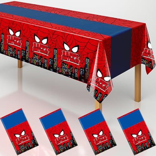 Byojia 4Pcs 2in1 Spider Birthday Decorations Tablecloths, 54" x 108" Super Hero Spider Table Cloth Disposable Rectangle Plastic Table Cover for Boys Birthday Party Supplies