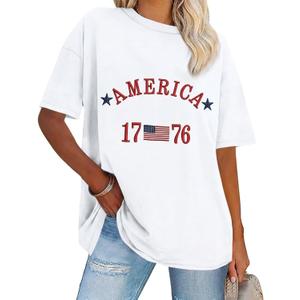 4th of July Shirts Women Embroidered 1776 American Flag Shirt 2026 Patriotic Shirts Oversized Short Sleeve Tee Tops (White, L)