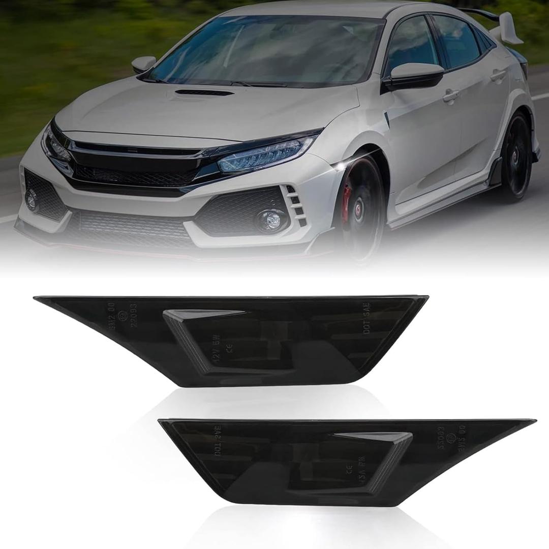Bestview 2PCS Side Marker Lights for 2016-2021 Honda Civic 10th Gen Coupe Hatchback: Smoked Lens Front Bumper Fender Lights, 6000K White LED Sidemarker Lamps With 4Pcs T10 Light Bulbs OEM#H02551127N
