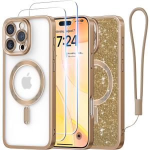 Meifigno Frosted Case for iPhone 16 Pro Max 6.9", [Glitter Card & Wrist Strap] [MagSafe Compatible & Anti-Fingerprint ] [2X Screen Protectors] Fully Raised Lens Case Designed for 16 ProMax, Desert
