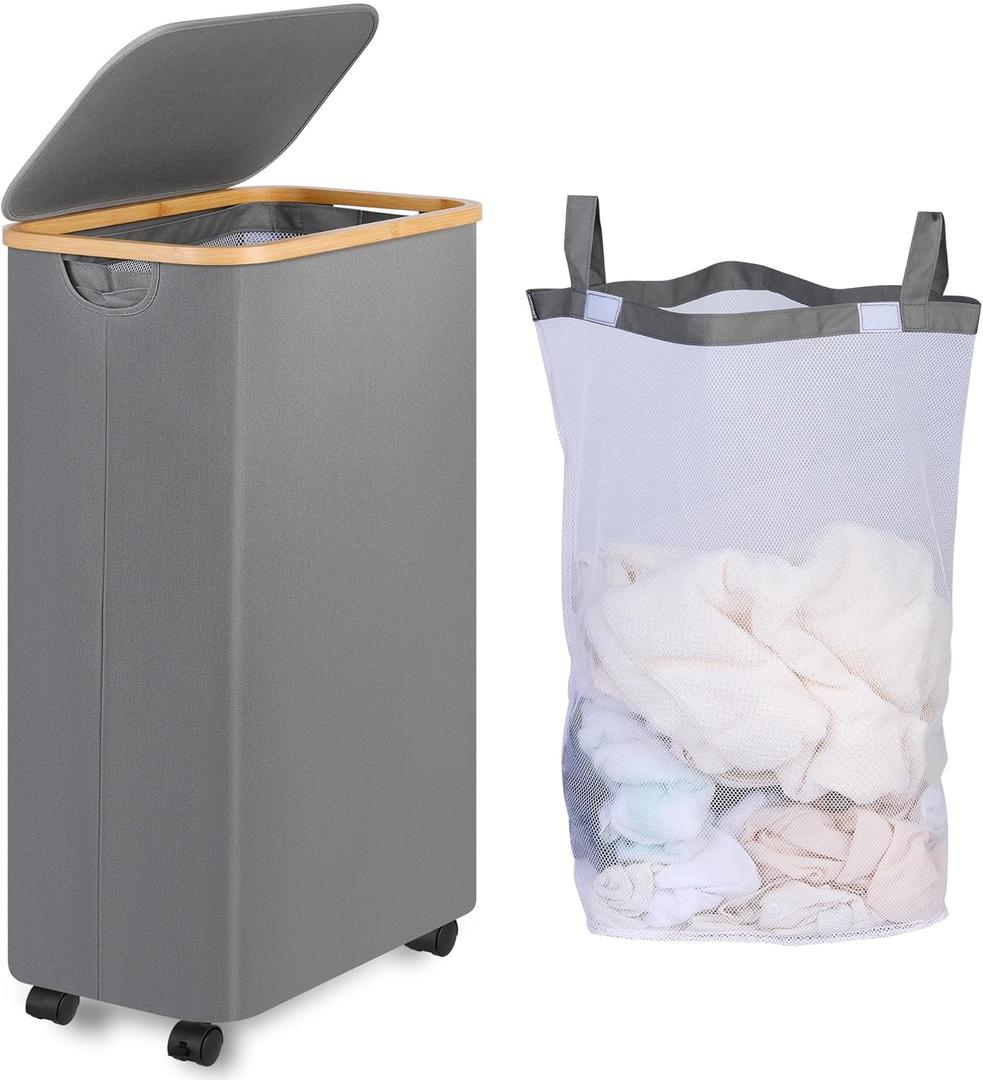 75L Slim Laundry Hamper with Wheels,Clothes Hamper for Laundry,Laundry Basket with Lid & Inner Bag,for Laundry Room, Bedroom, Dormitory Organization, Grey
