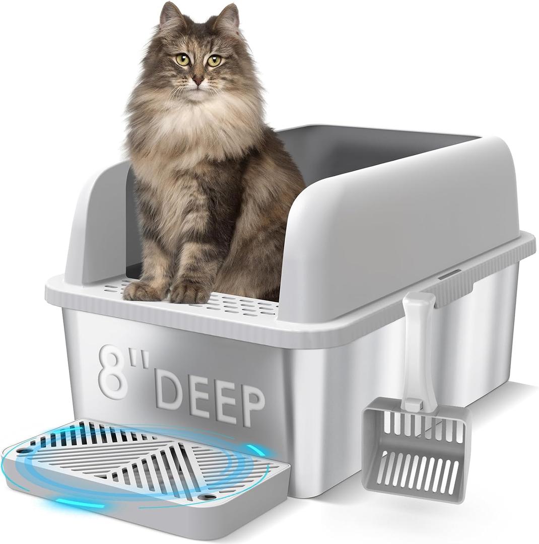 Suzzipaws XL 8" Deep Enclosed Stainless Steel Cat Litter Box for Big Cats