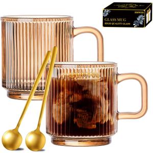 Glass Coffee Mug Espresso Cups for Coffee 12 oz Classical Vertical Stripes Glass Tea Cups Transparent Glasses for Latte Juice Chocolate Gift