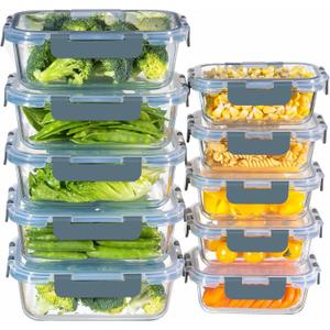 MFY 10-Pack Glass Storage Containers with Lids, Glass Meal Prep Containers Set, Airtight Lunch Containers with Lids, Microwave, Oven, Freezer and Dishwasher Safe, Gray, 15.4 inches x 7 inches x 7 inches