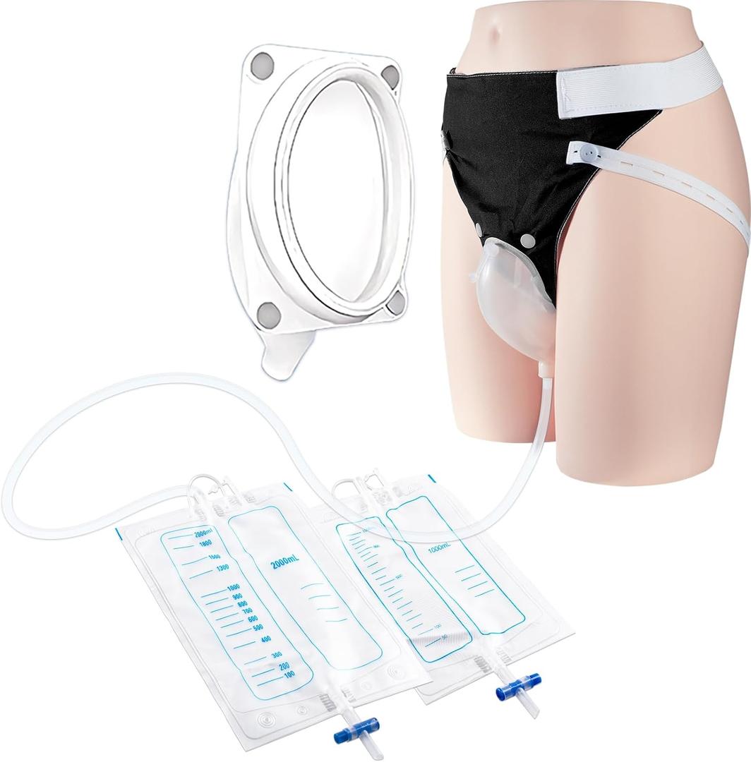 Wearable Urine Collector with Reusable Silicone Urine Pouch Breathable Fixing Pants 2000ml and 1000ml Urinary Drainage Bags 1.2M Drainage Tube for Long Time Outdoor or Travel Use, Elderly Men Black