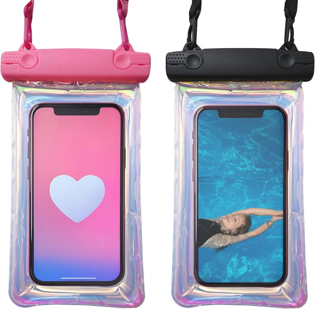 2 x Waterproof Phone Pouch Floating [2 Pack], Floatable IPX8 Waterproof Phone Cases, Cellphone Dry Bag for iPhone 16 15 14 13 12 11 Pro Max Plus XS XR, Galaxy S24 S23, 4-7" (Pink and Black)