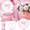 Hushee 200 Pcs Pink Bow Party Supplies Coquette Paper Plates Napkins Cups Pink Bow Baby Shower Tableware Disposable for Birthday Bridal Shower Engagement Bachelorette Party Dinnerware Supplies