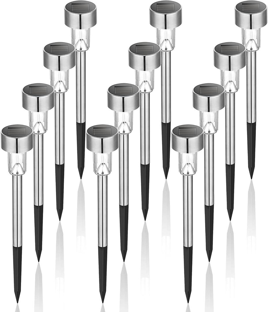 GIGALUMI Solar Lights Outdoor Waterproof, 12 Pack, Stainless Steel LED Solar Garden Lights for Patio, Lawn, Yard and Landscape, Cold White