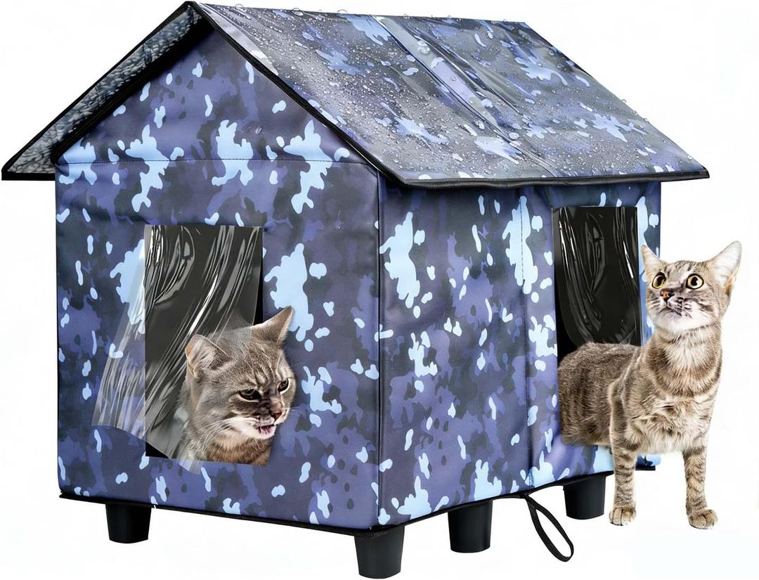 Elevated Insulated Outdoor Cat House Weatherproof - 20"x19"x17" Waterproof PVC Top & Aluminum Film Liner Camouflage Feral Cat Shelters for Keeping Cats Winter Warm, Gray