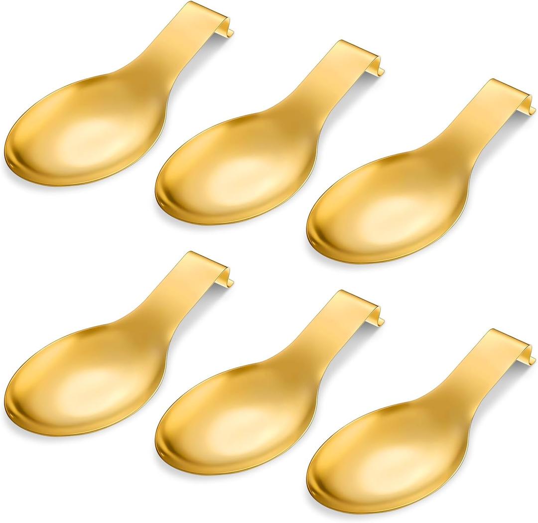 6 Pcs Stainless Steel Spoon Rest Spatula Ladle Holder Spoon Rest for Stove Top Heavy Duty Spatula Holder for Countertop Dishwasher Safe Utensil Rest for Kitchen,3.8 x 9.6 inch (Gold)