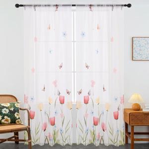 youleyar Floral Sheer Curtains for Living Room 72 Inches Long 2 Panels White Semi-Sheer Curtain with Flower/Butterfly Printed Pattern Summer/Spring Rod Pocket Voile Drapes for Bedroom, W52 x L72