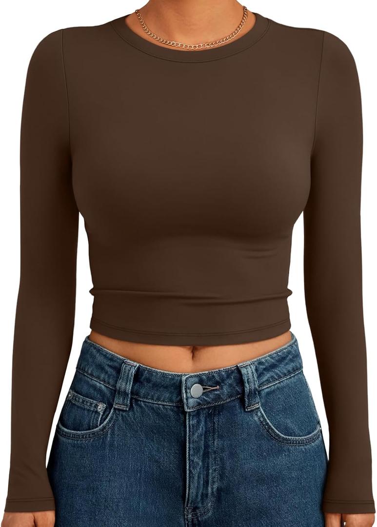 Trendy Queen Womens Long Sleeve Crop Tops Basic Slim Fitted Shirts Spring Fashion Outfits 2026 Teen Girl Clothes (Medium, Chocolate Brown)