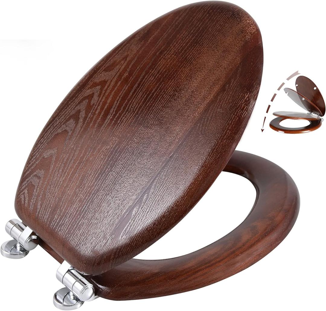 Angel Shield Elongated Wood Toilet Seat with Quiet Close,Easy Clean,Quick-Release Hinges(Elongated,Dark Walnut)