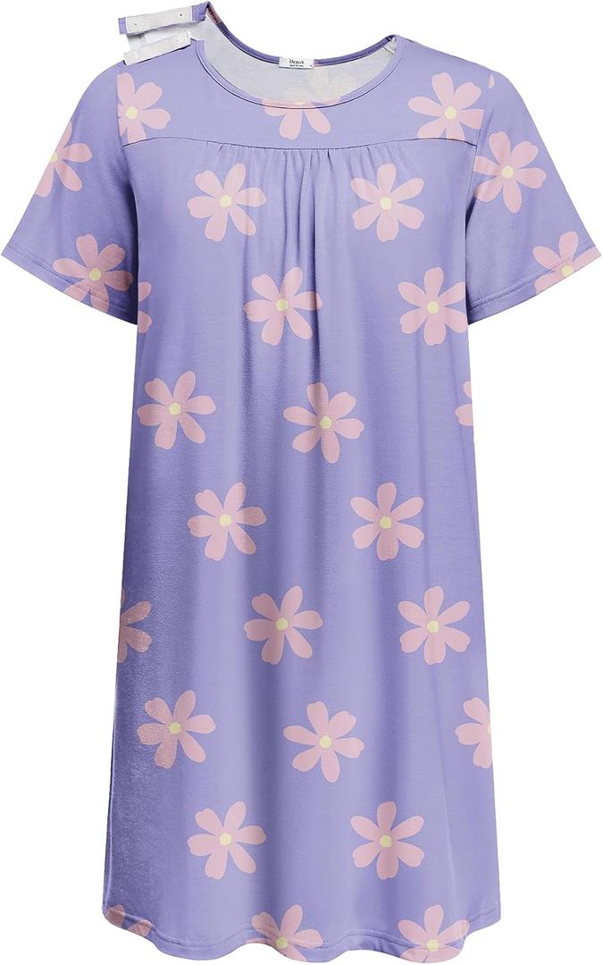 Deyeek Hospital Gowns for Women Tear Away Snap Open Back Dress Post Shoulder Surgery Dresses Soft Adaptive Clothing Nightgown (Blue, XXXL)
