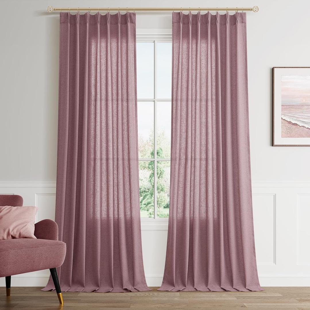 Ash Rose Pinch Pleated Linen Curtains 96 Inch Length 2 Panels for Living Room Bedroom Semi Sheer Window Curtain Boho Neutral Back Tab Pinch Pleat Drape with Hooks 40x96