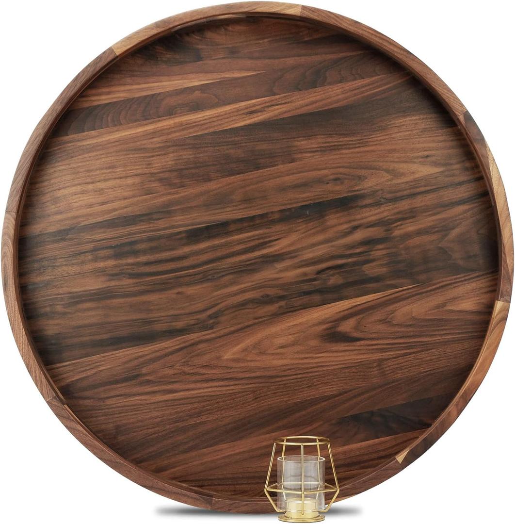 26 Inches Extra Large Round Black Walnut Wood Ottoman Tray with Handles, Serve Tea, Coffee, Classic Circular Wooden Decorative Serving Tray