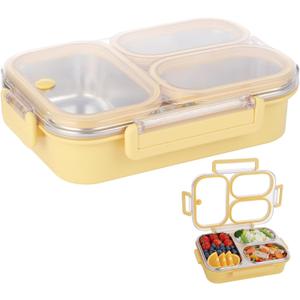 3-Compartment Stainless Steel Bento Box, Lunch Container with Leakproof Lid Individual Silicone Rings, Portable Divided Snack Container Metal Food Storage Box for Office Picnic Gym