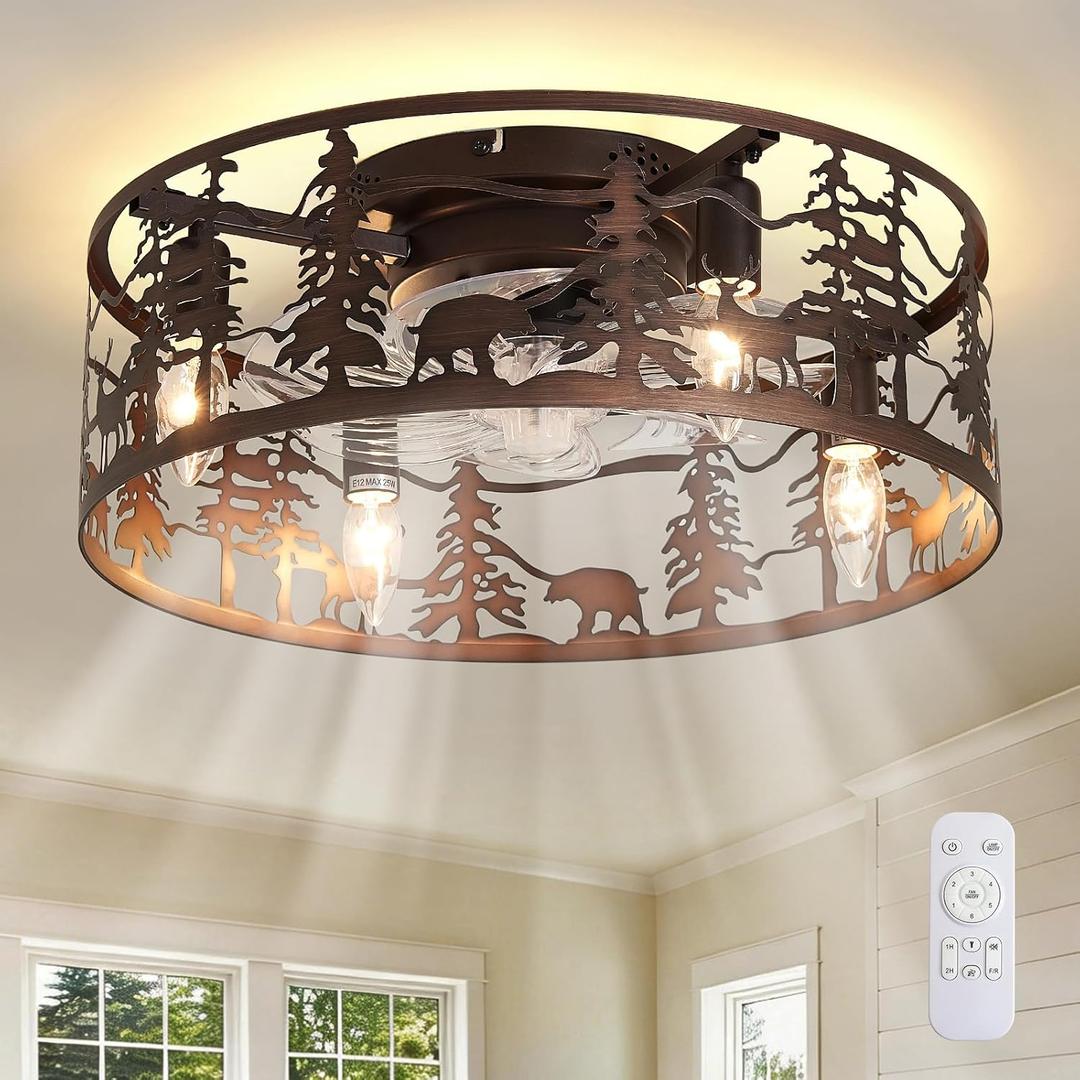 DESOOP Farmhouse Flush Mount Ceiling Fan, Brushed Bronze Caged Low Profile Ceiling Fan with Remote and 6 Speeds DC Motor, Rustic Antler Ceiling Fan for Living Room, Bedroom, Entryway Lighting