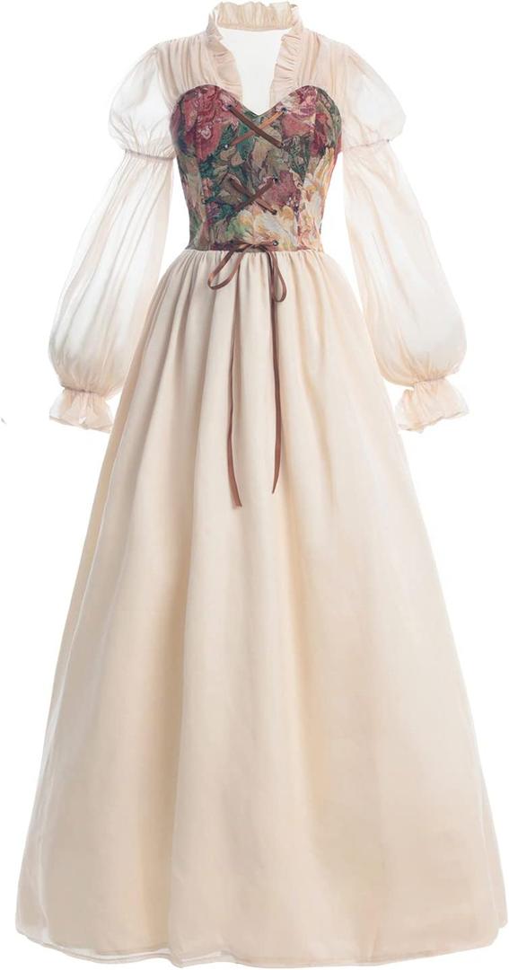LTAKK Renaissance Dress Women Victorian Costume Ren Fair Medieval Dresses with Floral Corset, Medium