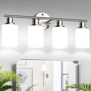 Zarbitta 4-Light Bathroom Light Fixtures, Brushed Nickel Modern Vanity Lights with Milky White Frosted Glass Shades, Bathroom Wall Lamp for Mirror Kitchen Living Room