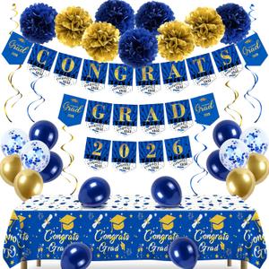 Graduation Decorations 2026 Navy Blue and Gold Grad Party Decorations Including Congrats Grad 2026 Banners, Paper Pompoms, Hanging Swirls, Balloons for Graduation Party Decorations