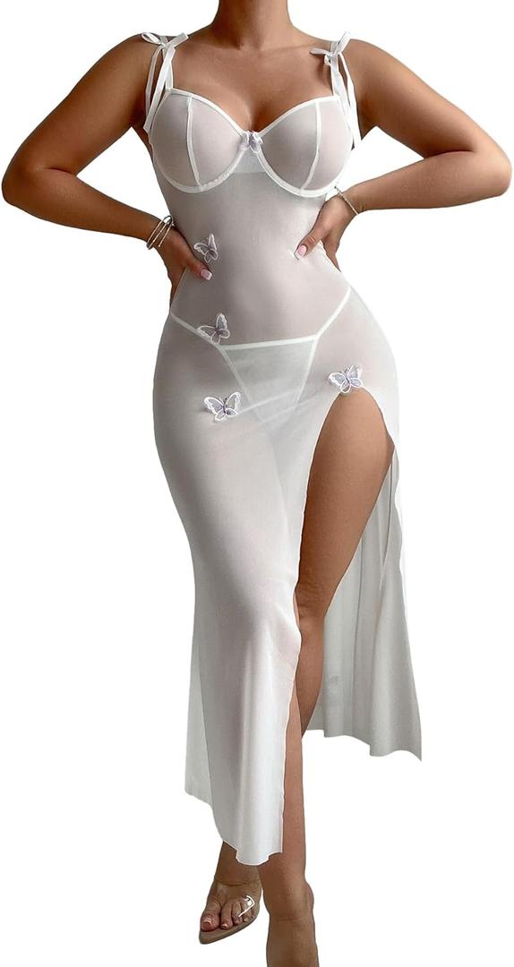 Sexy Butterfly Split Leg Underwire Sheer Mesh Maxi Lingerie Dress with Thong 2 Piece Set (Small)