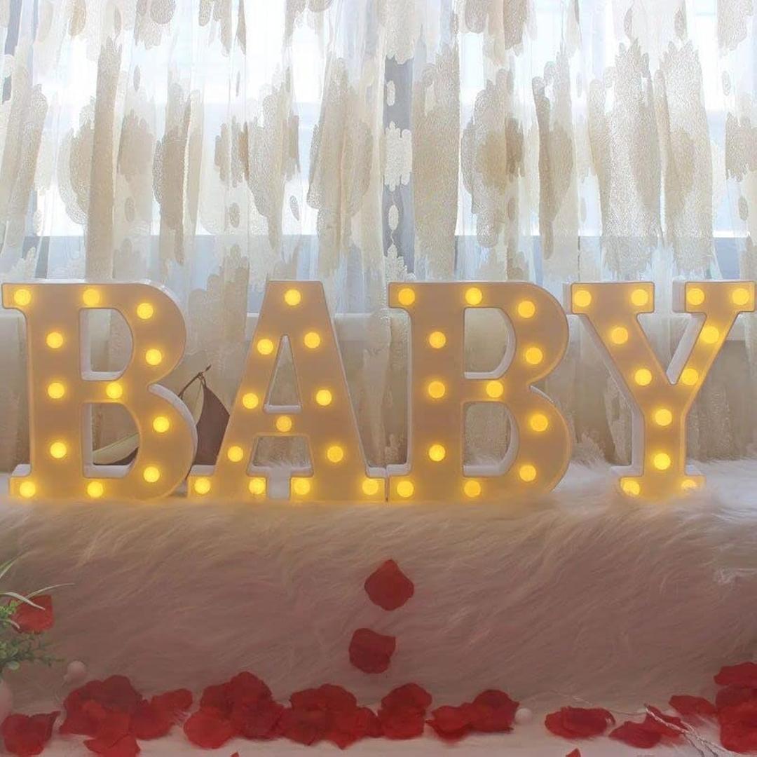 4 LED Baby Marquee Logo Light, Warm White Glowing Letters Perfect for Baby Shower Party, Birthday Party, Home Bedroom Nursery Table Wall Decor
