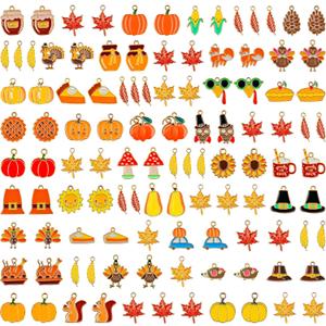 X Hot Popcorn 110 Pcs Fall Charms for Jewelry Making Thanksgiving Pendants Enamel Pumpkin Maple Leaf Turkey Autumn Charms for Bracelets Necklaces Earrings Making