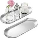 Silver Decorative Tray, 2 PCS Bathroom Vanity Tray for Dresser Counter, Elegant Jewelry Dish Tray for Decor, Silver Platter Serving Tray Organizer for Perfume Trinket Key Candle, Stainless Steel, Oval