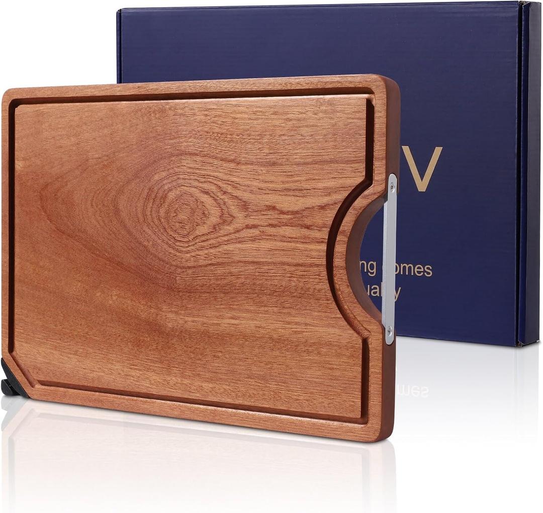 Kitchen Ebony Cutting Board - with Built-in Knife Sharpener, Reversible for Double Sided Use, Juice Chute, Stainless Steel Handle, Non-Slip Feet,Wooden chopping board, Cooking Gift (Gift Box)