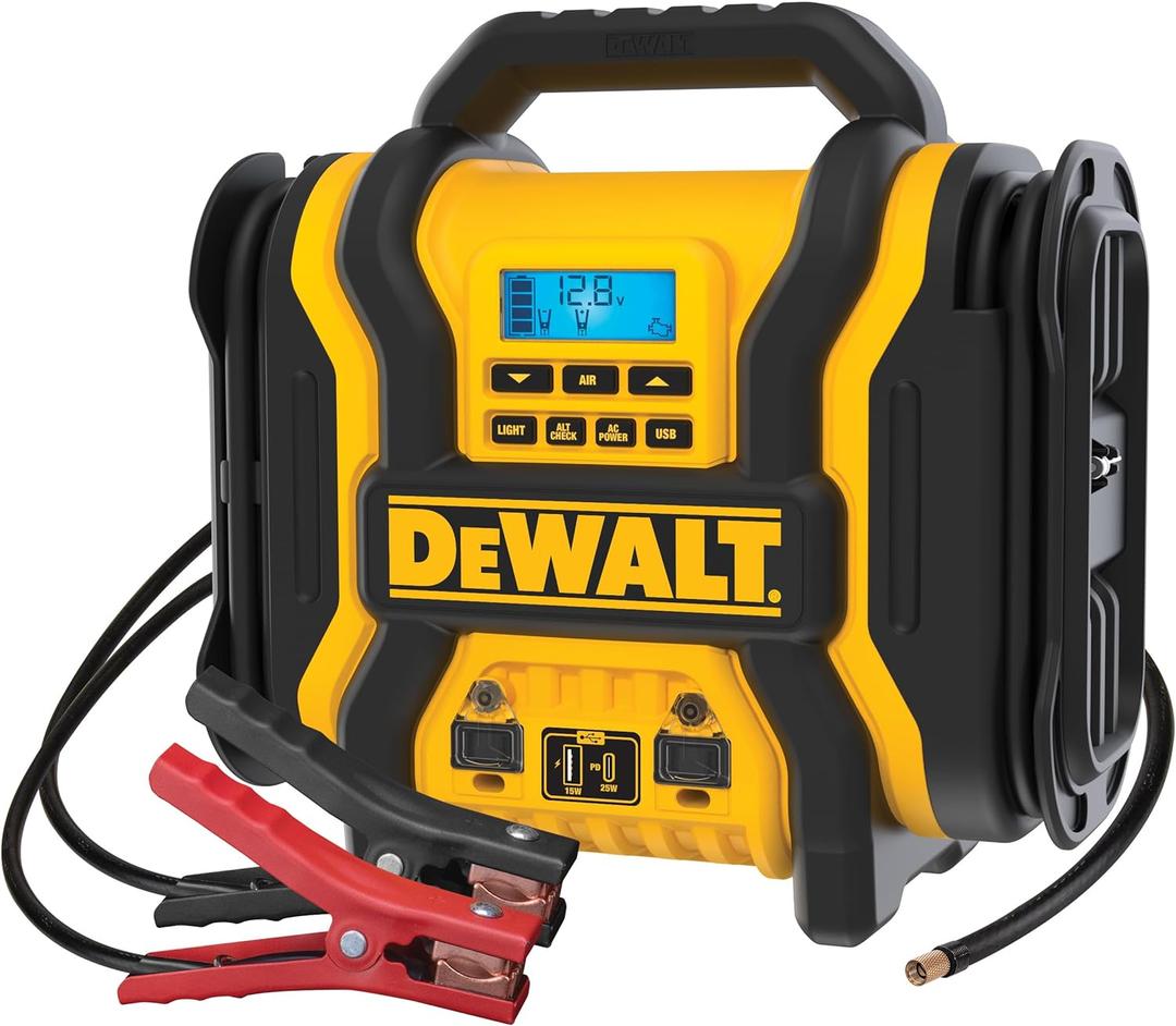 DEWALT DXAEPS14 2000 Amp Jump Starter with Compressor
Portable Power Station with 500W AC Power and 15W USBa & 25W USB