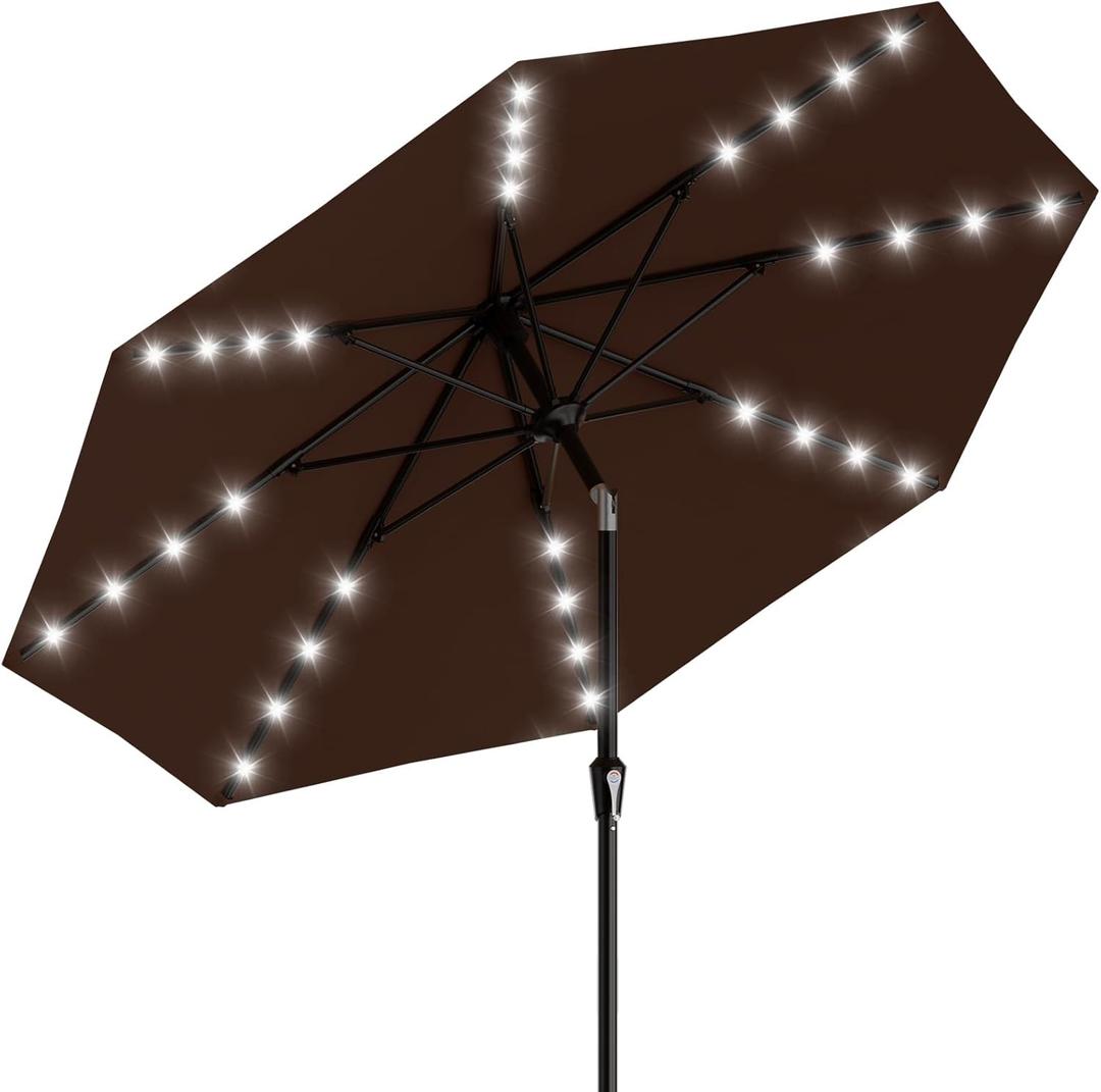 AreShark 9FT Patio Umbrella with Solar Lights, 32 Lighted Pool Umbrella w/Tilt and Crank, Outdoor Market Solar Umbrellas for Garden, Deck, Backyard, Pool and Beach, Brown