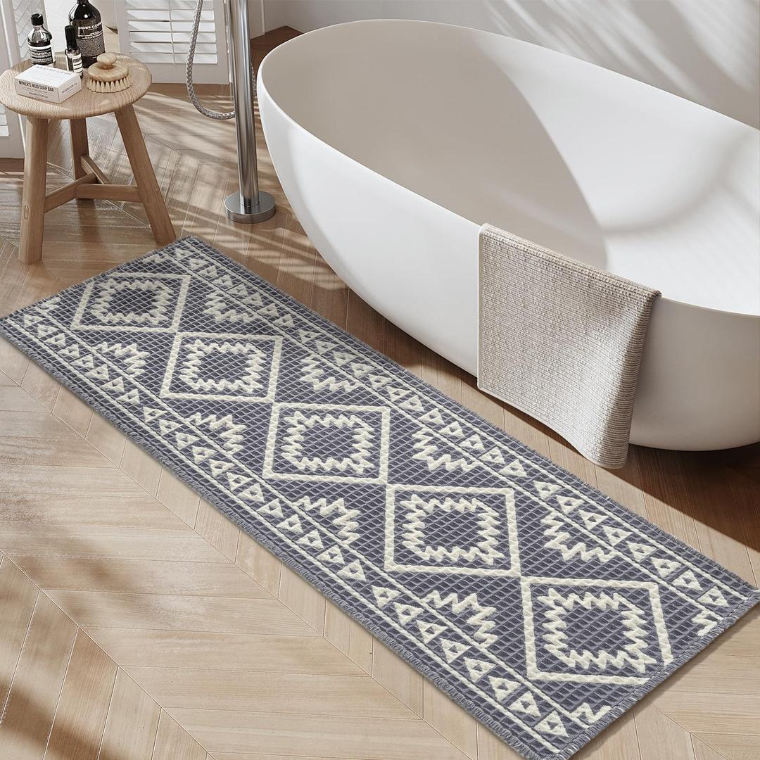 PADOOR-Waffle Bathroom Runner 24"x48", Super Absorbent Bath Mats for Bathroom, Machine Washable Non Slip Bath Rug with Tassels, Soft Bath Mat for Laundry Room, Bedroom, Grey & Cream, 2'x 4'