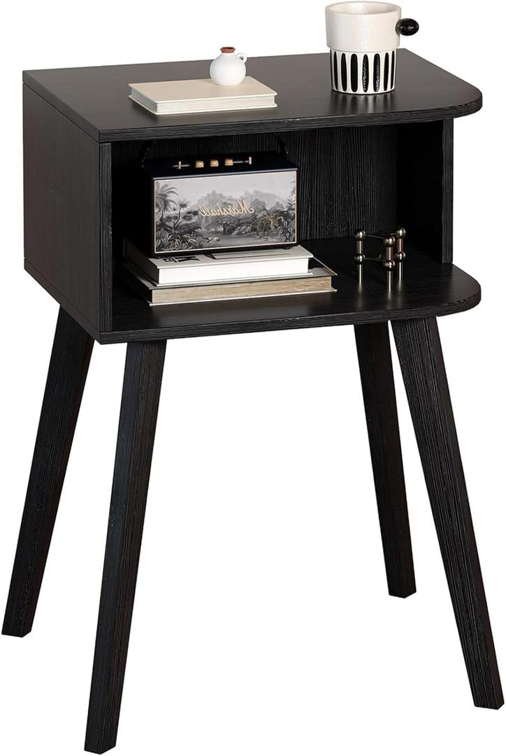 Black Nightstand, Small Bed Side Table for Small Spaces, Mid Century Modern Nightstand End Table with Right Side Open Storage, Side Table for Bedroom Living Room, MLBZ20BR