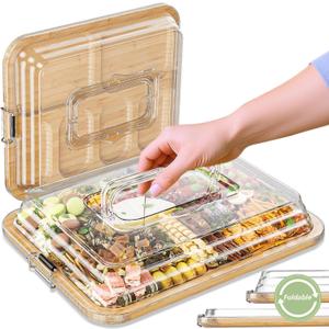 Charcuterie Boards with Foldable Lid, Portable Bamboo Cheese Board with 6 Compartments, Clear Locking Lid and Handle, Easy to Store, Suitable for Picnics, Camping, Parties & Housewarming Gifts
