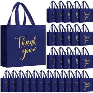 50 Pcs Thank You Gift Bags with Handles Bulk Thank You Reusable Non Woven Bags Bridesmaid Souvenir Handbags for Valentine's Day Wedding Easter Graduation(11 x 12 x 5 Inch,Navy Blue)