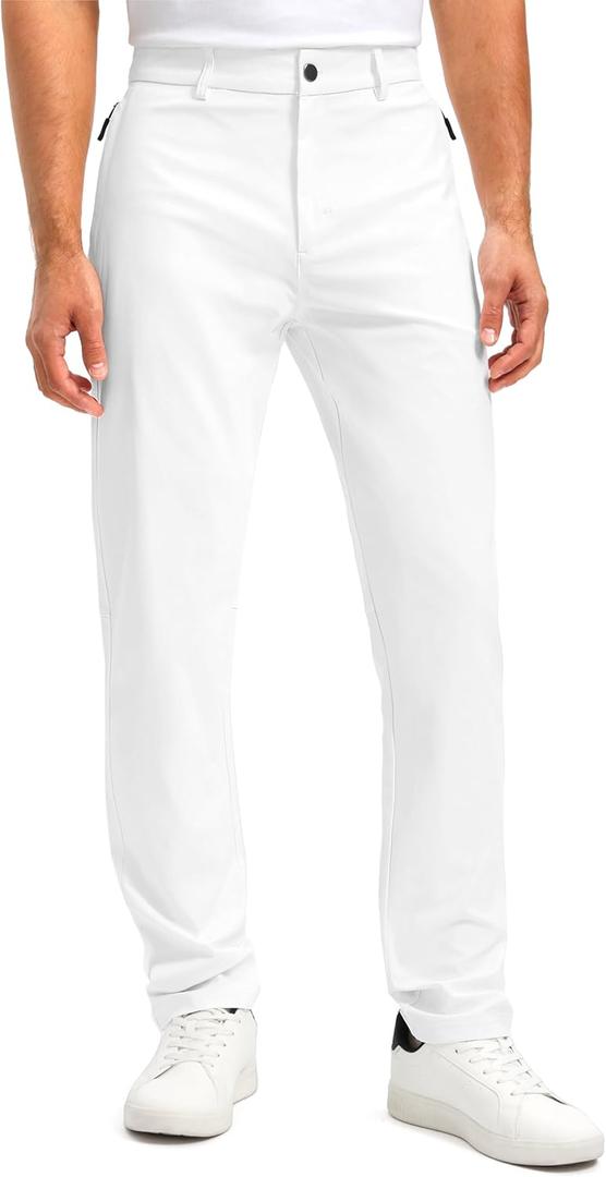 Golf Pants Men with Zipper Pockets 30"/ 32"/ 34" Slim Fit Stretch Lightweight Dress Work Pants for Men Casual Travel(White, W34 L34)