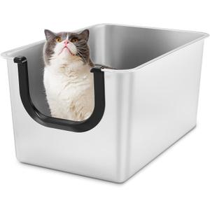 Yangbaga Extra Large Stainless Steel Litter Box, Leak Proof 12 Inches High Sides for Urine & Litter Trapping, Corner Litter Box for Kittens, Older Cats, Non-Stick, Non-Slip, No Sharp Edges