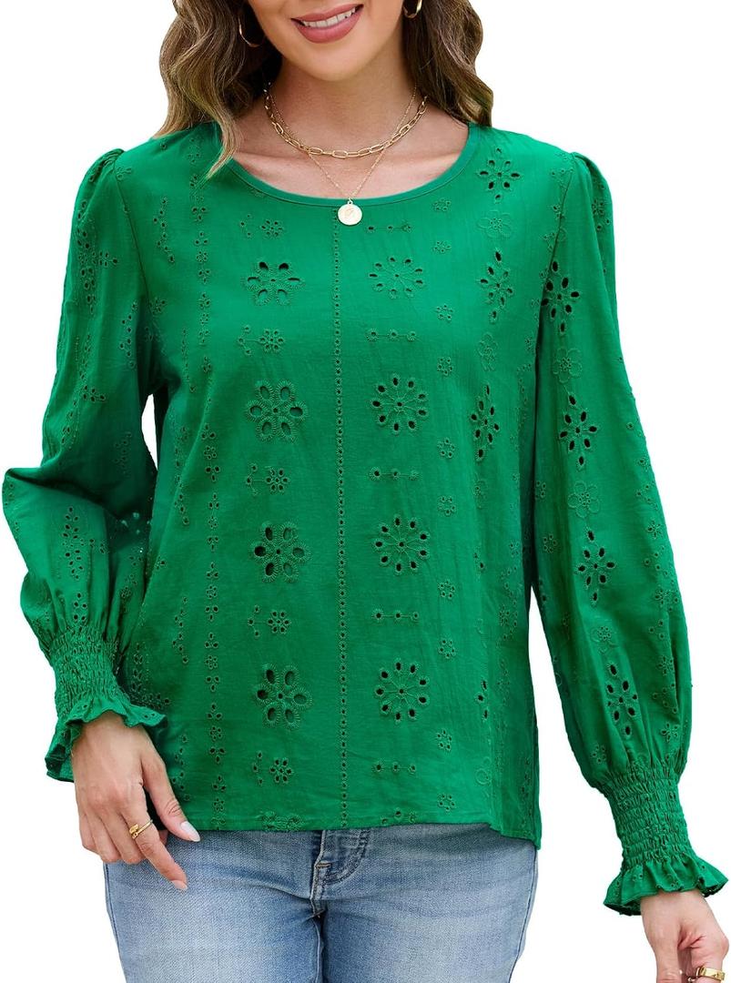 Women's Blouses Long Sleeve Embroidered Eyelet Tops with Lining Dressy Sheer O Neck Cotton Shirts Elegant Blouses 2025 (Green, XL)