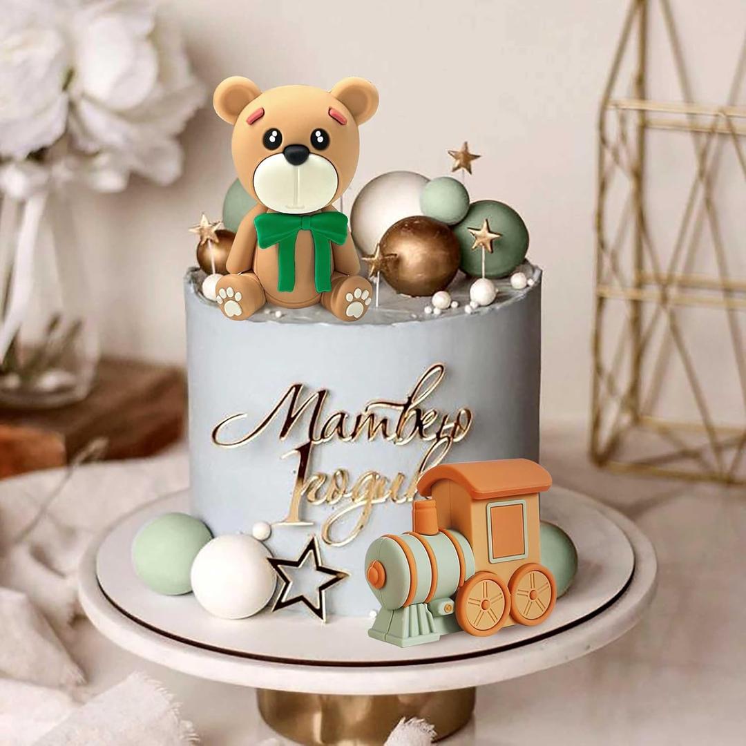 LaVenty Sage Green Bear Cake Topper With Beige Brown Balls - Boho Bears for Baby Shower Birthday Decoration