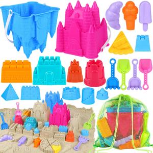 Beach Toys Sand Toys for Kids, Sand Castle Toys for Beach with 2 Sand Castle Bucket and Mesh Bag, Sand Molds, Shovels and Rakes, Sandbox Toys for Toddlers, Travel Beach Toys for Kids 3-10