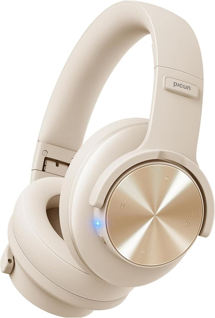 Picun B8 Bluetooth Headphones, 120H Playtime Headphone Wireless Bluetooth with 3 EQ Modes, Low Latency, Hands-Free Calls, Over Ear Headphones for Travel, Home, Office, Cellphone PC, Khaki White